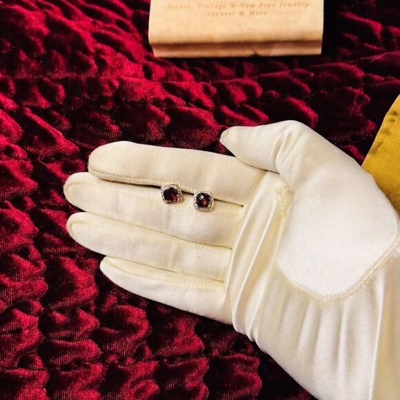 10K Gold- Natural Indian Garnet & Halo Diamond Earrings -Cushion Cut- 8.5mm-1.9g - Picture 15 of 16